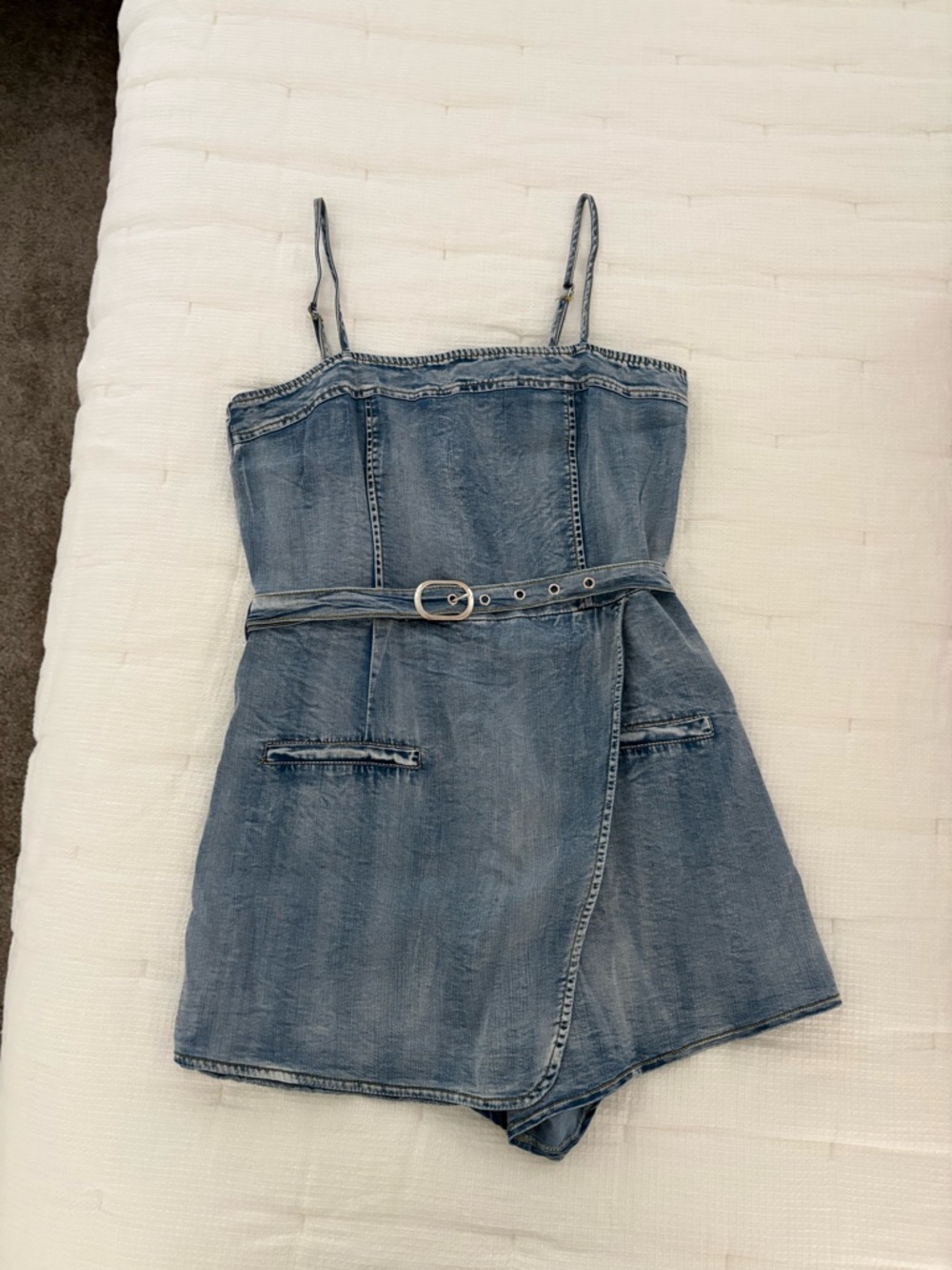 Akira Denim Romper with Belted Waist - Light Blue S